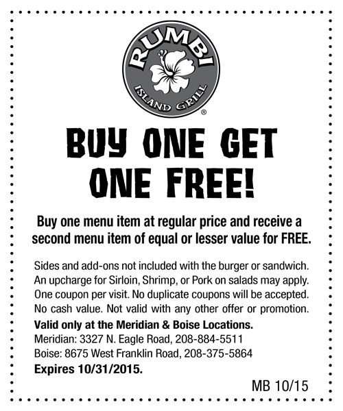 Rumbi Island Grill Coupon Buy One Entree Get One FREE (Boise Residents)