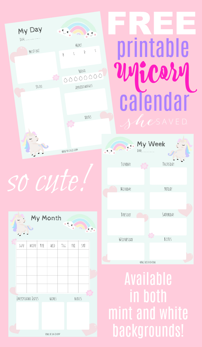 FREE Printable Unicorn Calendar Pages - SheSaved®