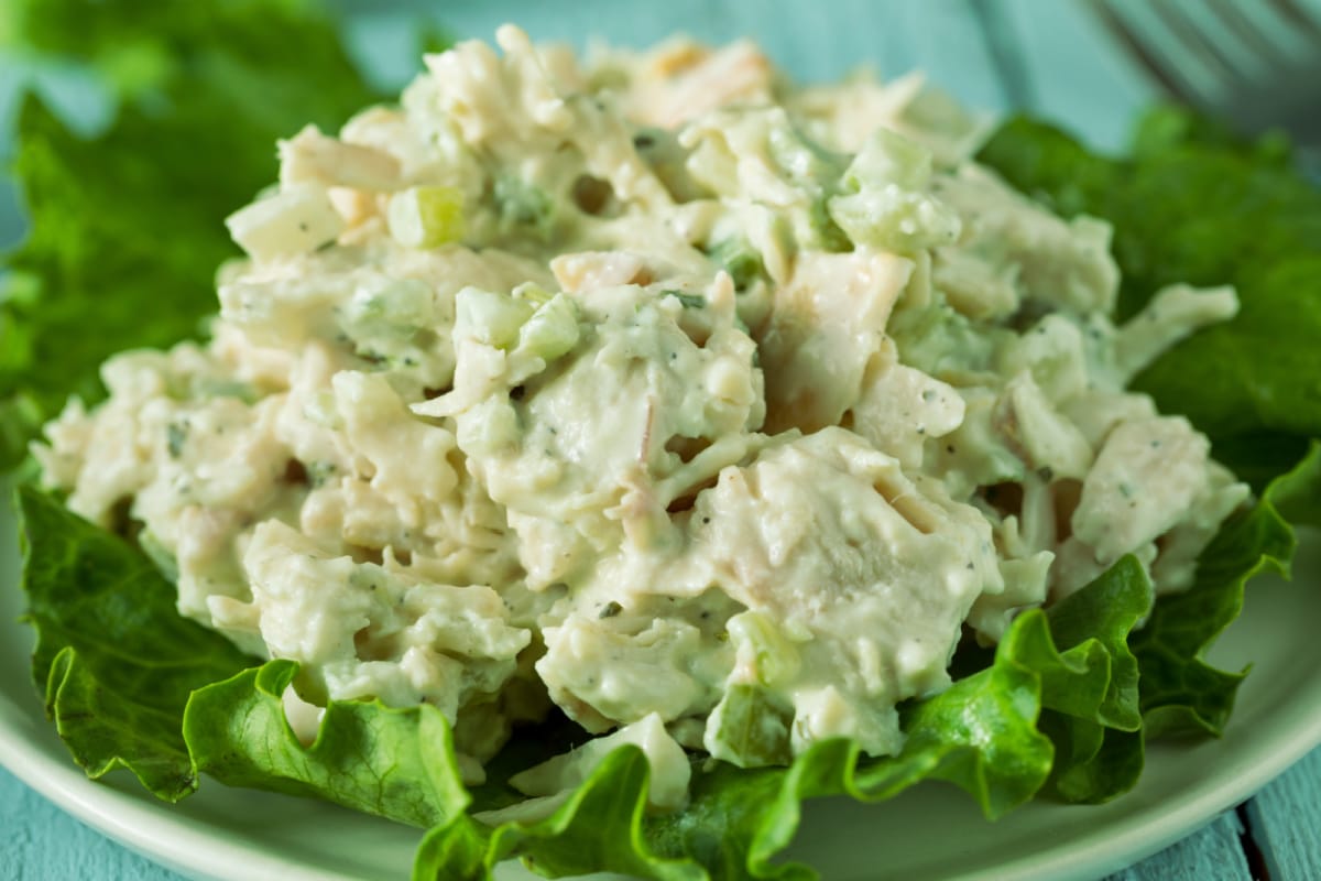 chicken salad on top of lettuce