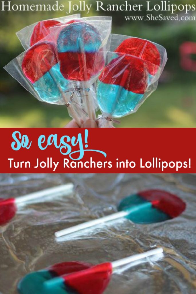 It's SO easy to make these Jolly Rancher Lollipops! All that you need are sucker sticks and jolly ranchers, such a fun treat! ~ from SheSaved.com