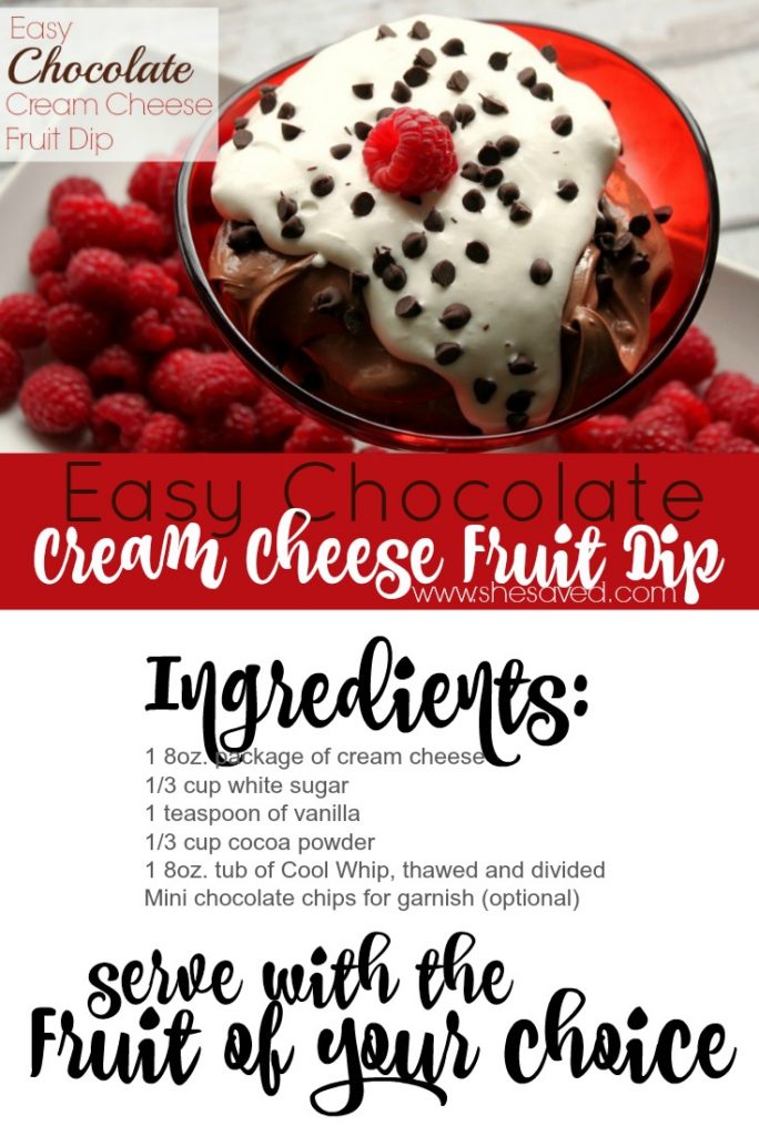 This Easy Chocolate Cream Cheese Fruit Dip is such a quick dessert to make and it's perfect for serving with any fruit!
