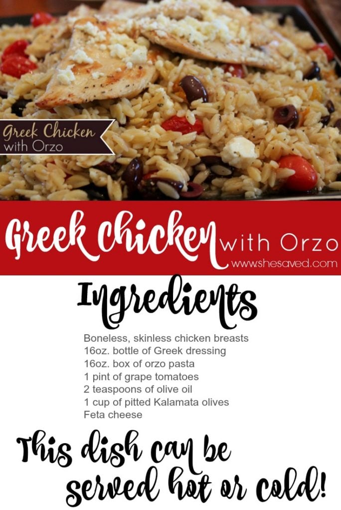 This Greek Chicken with Orzo recipe is awesome served both hot and cold, you pick! It's a great dish to make because the leftovers make great lunches too! ~SheSaved
