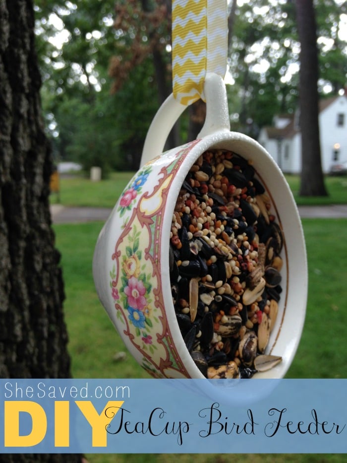 This adorable upcycled Tea Cub Bird feeder is not only easy to make, but darling hanging in your trees!