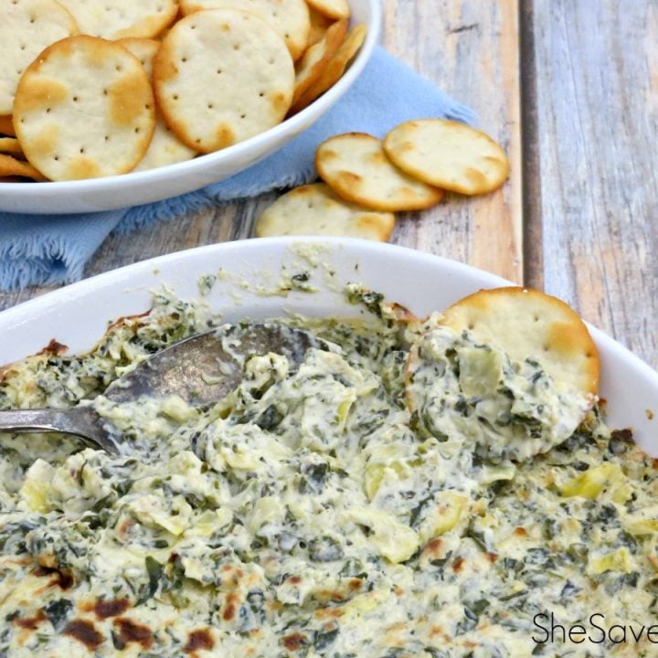 I love this easy appetizer recipe for game day or when you're having company. Get the scoop (get it?) on my Hot Spinach and Artichoke Dip Recipe! Yum!
