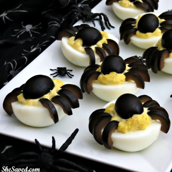 Your Halloween guests will love these Deviled Egg Spiders... perfect for a spooky Halloween meal!