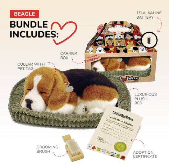 Everything included when you purchase a Perfect Petzzz Realistic Dog Plush: bed, carrier, collar, brush and adoption papers