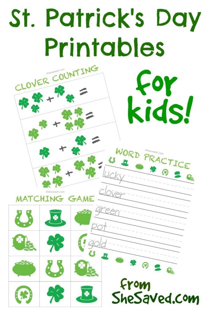 Print out these fun St. Patricks Day Printables for the kids. They can learn while having fun with the addition worksheet, matching game and word practice printables.