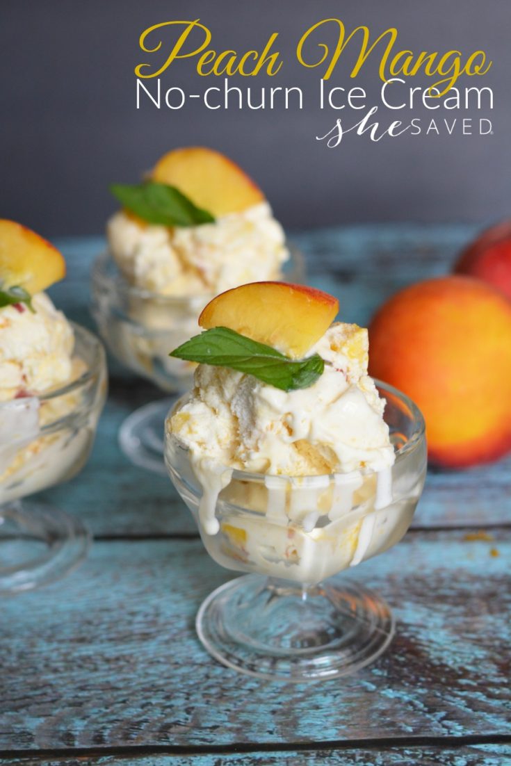 Easy and delicious, this Peach Mango Ice Cream recipe is NO-CHURN which means a lot less work and a fantastic dessert idea!