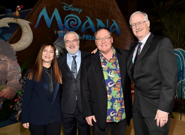 (L-R) Producer Osnat Shurer, director Ron Clements, executive producer John Lasseter, and director John Musker attend The World Premiere of Disney’s "MOANA" at the El Capitan Theatre on Monday, November 14, 2016 in Hollywood, CA. (Photo by Alberto E. Rodriguez/Getty Images for Disney)