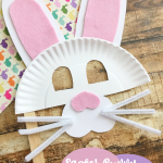 Easter bunny mask made out of cut up paper plates