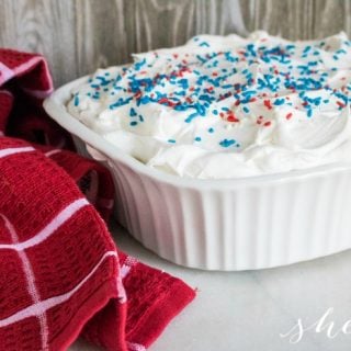 red white and blue dessert in dish with red checkered towel