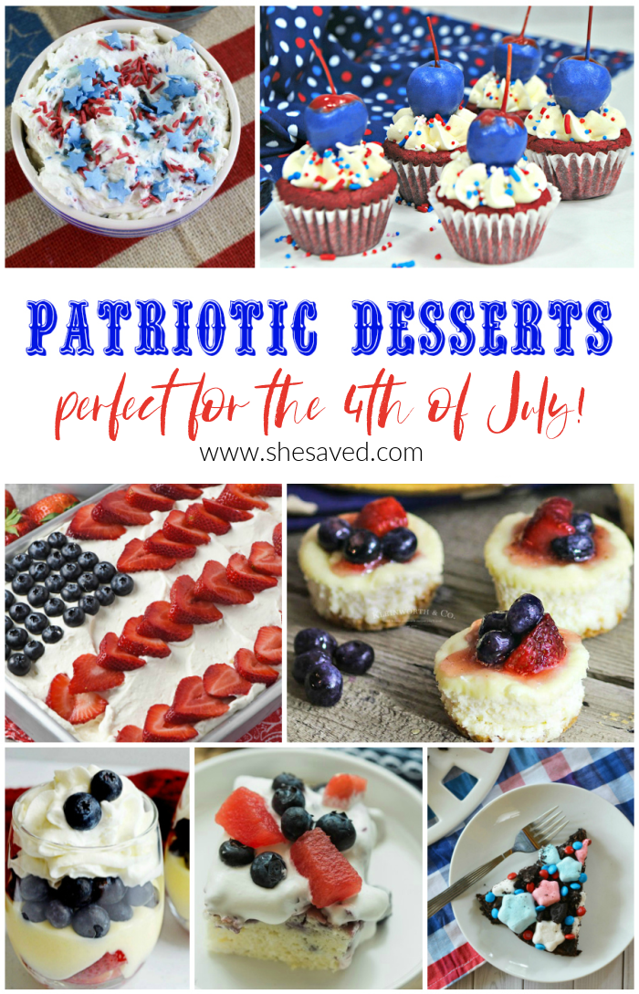 collection of 4th of July Patriotic dessert recipes, cakes, cupcakes and mroe