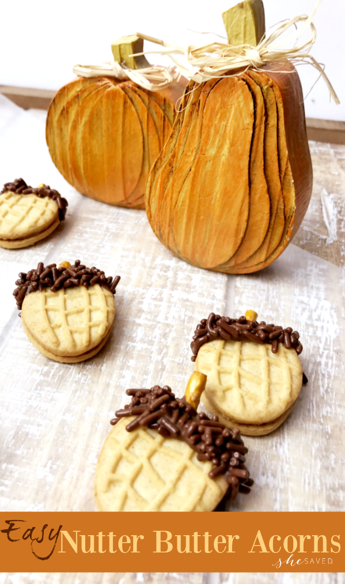 Easy and so cute, these Nutter Butter Acorns are great for fall desserts and classroom parties!