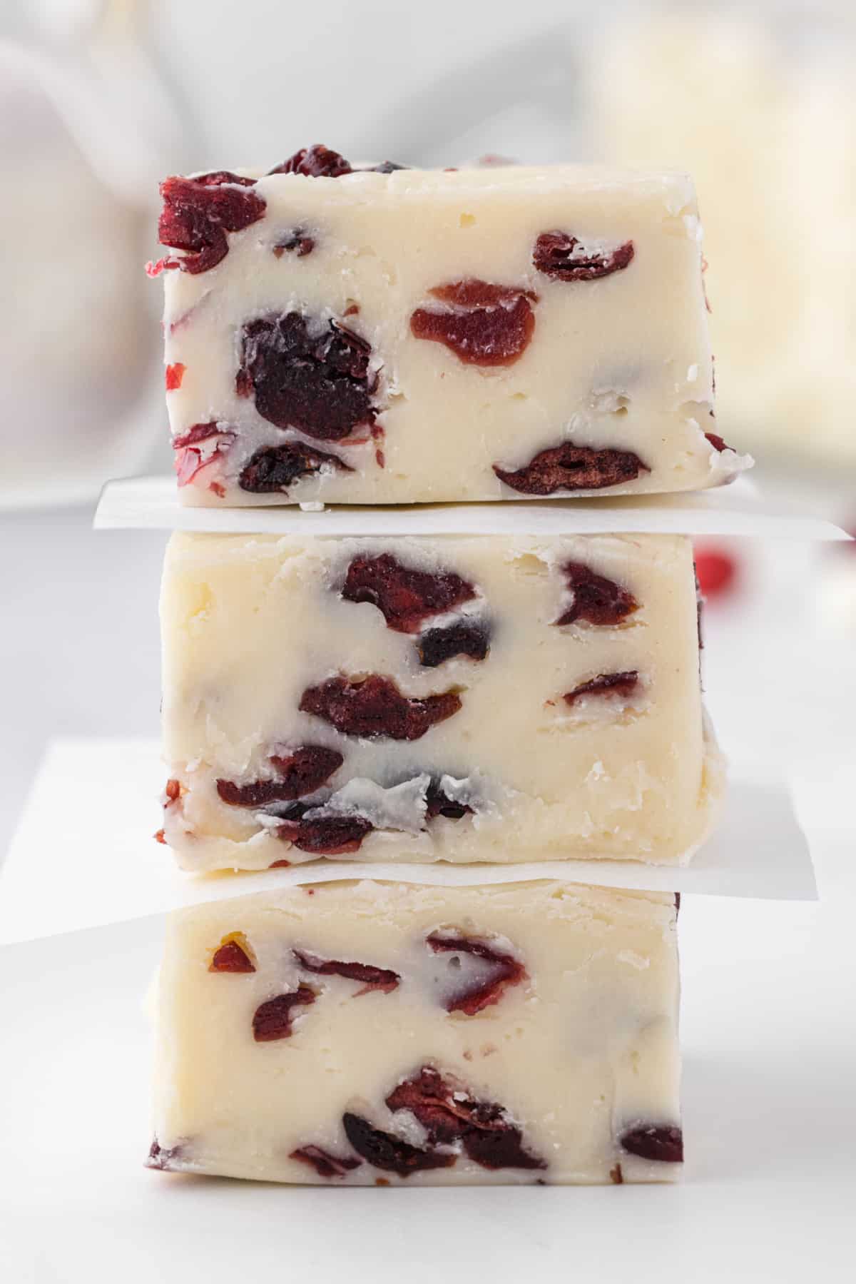 3 pieces of stacked white chocolate fudge