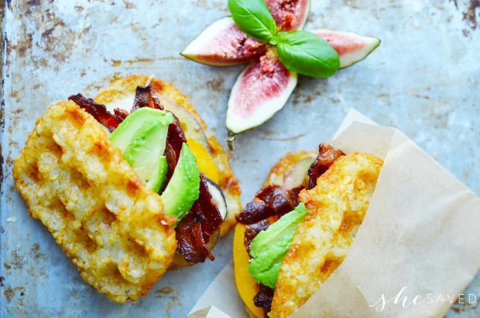 Hash brown sandwich with bacon and avocado