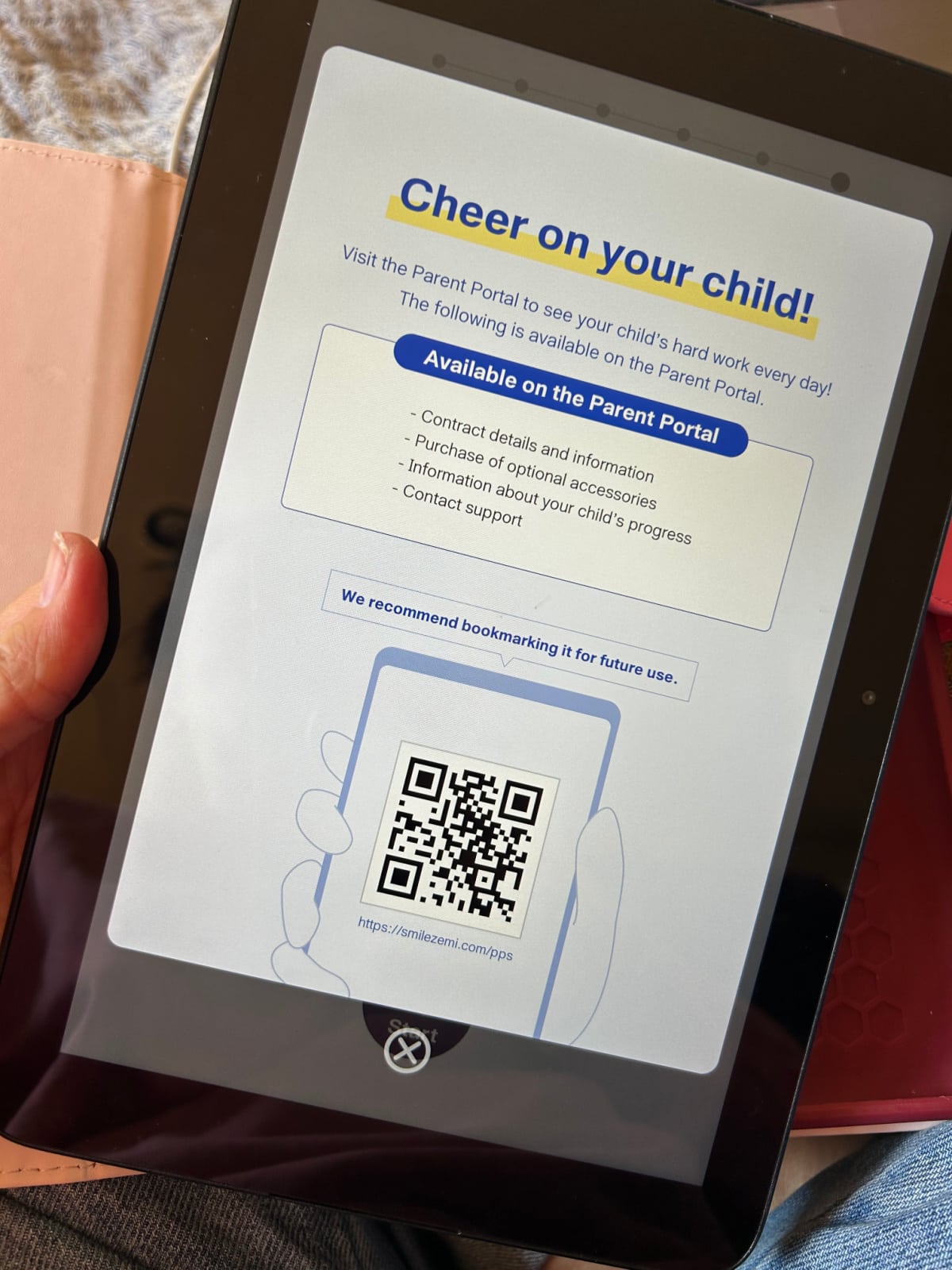 Screenshot of the Smile Zemi tablet and parent portal QR code