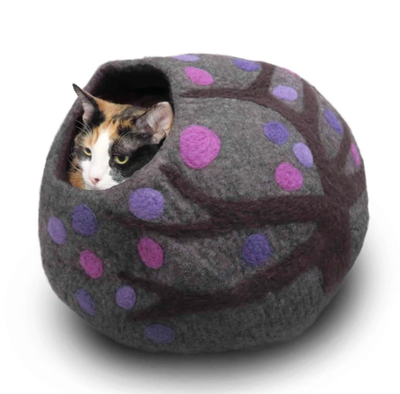 Wooly Round Cat Bed with Cat poking out