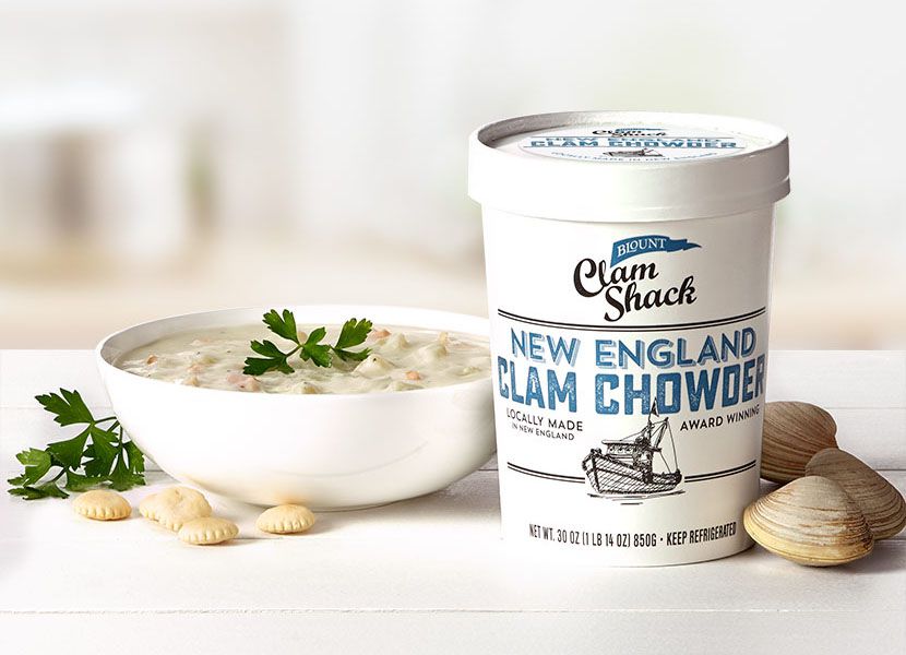 Container of Clam Shack Nation Clam Chowder and Bowl of Soup