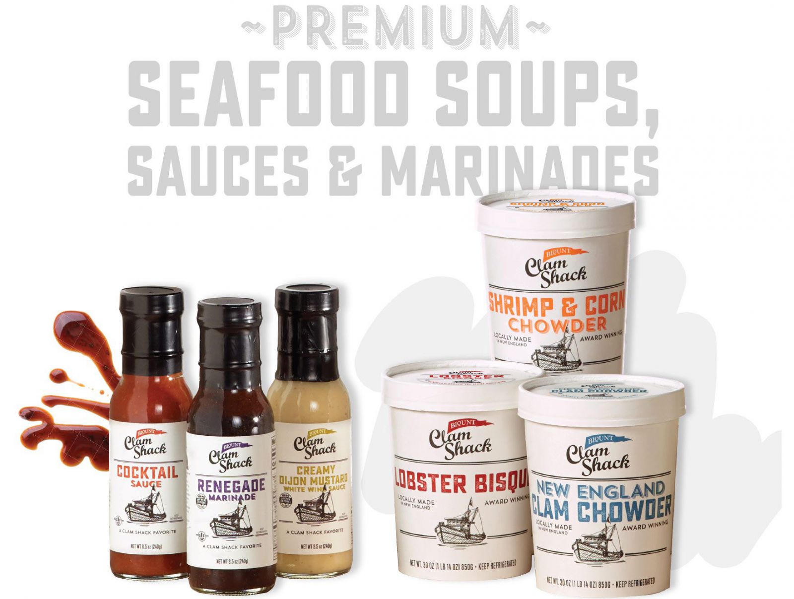 Clam Shack Soup containers and bottled dressing