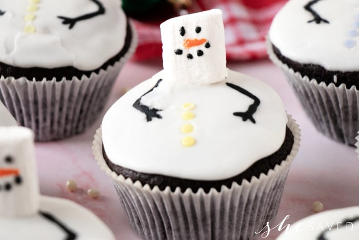 cute snowman cupcake with marshmallow head