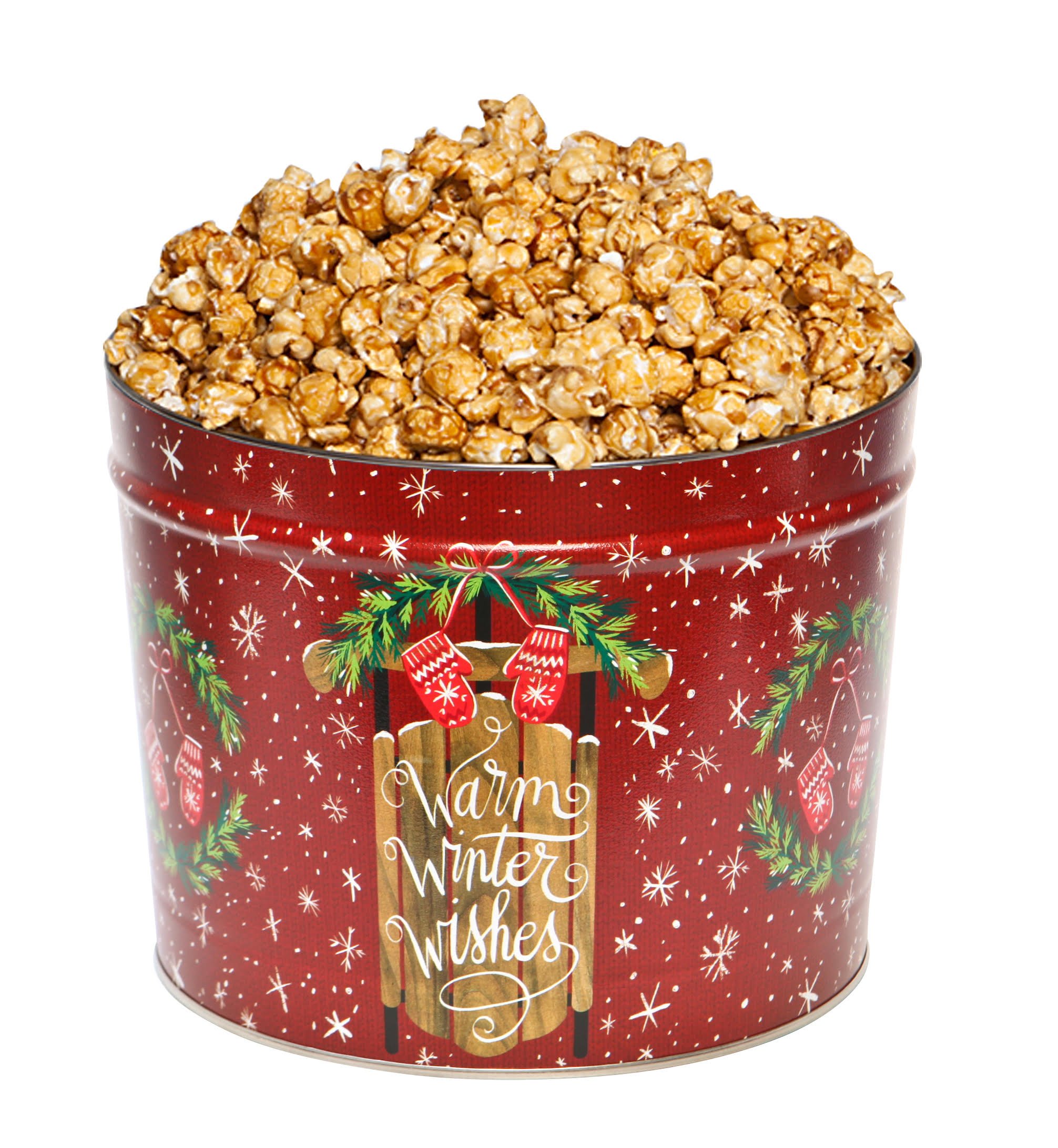 metal tin full of caramel corn with Christmas scene