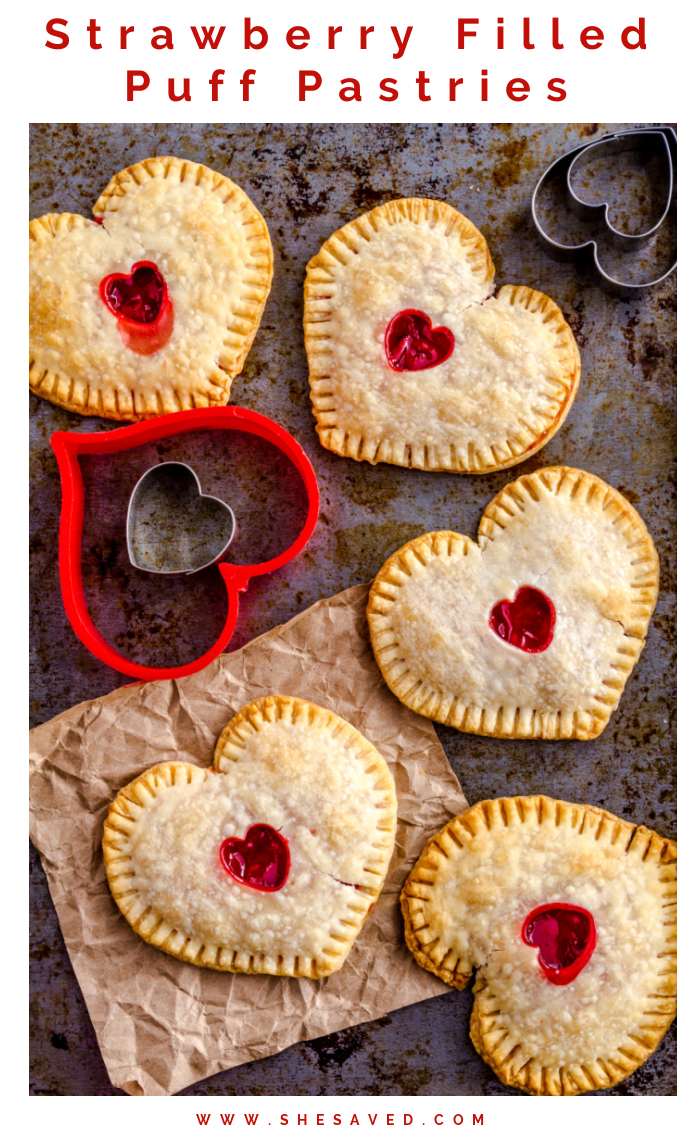 Strawberry Filled Puff Pastry laying on work surface with cookie cutters