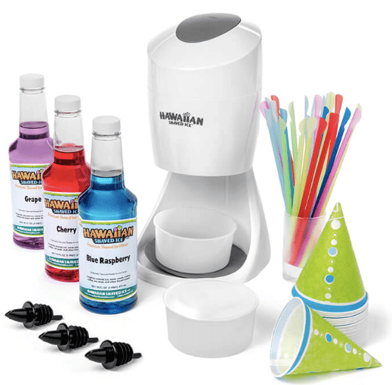 ice shaving kit with cups and syrup so you can make snowcones