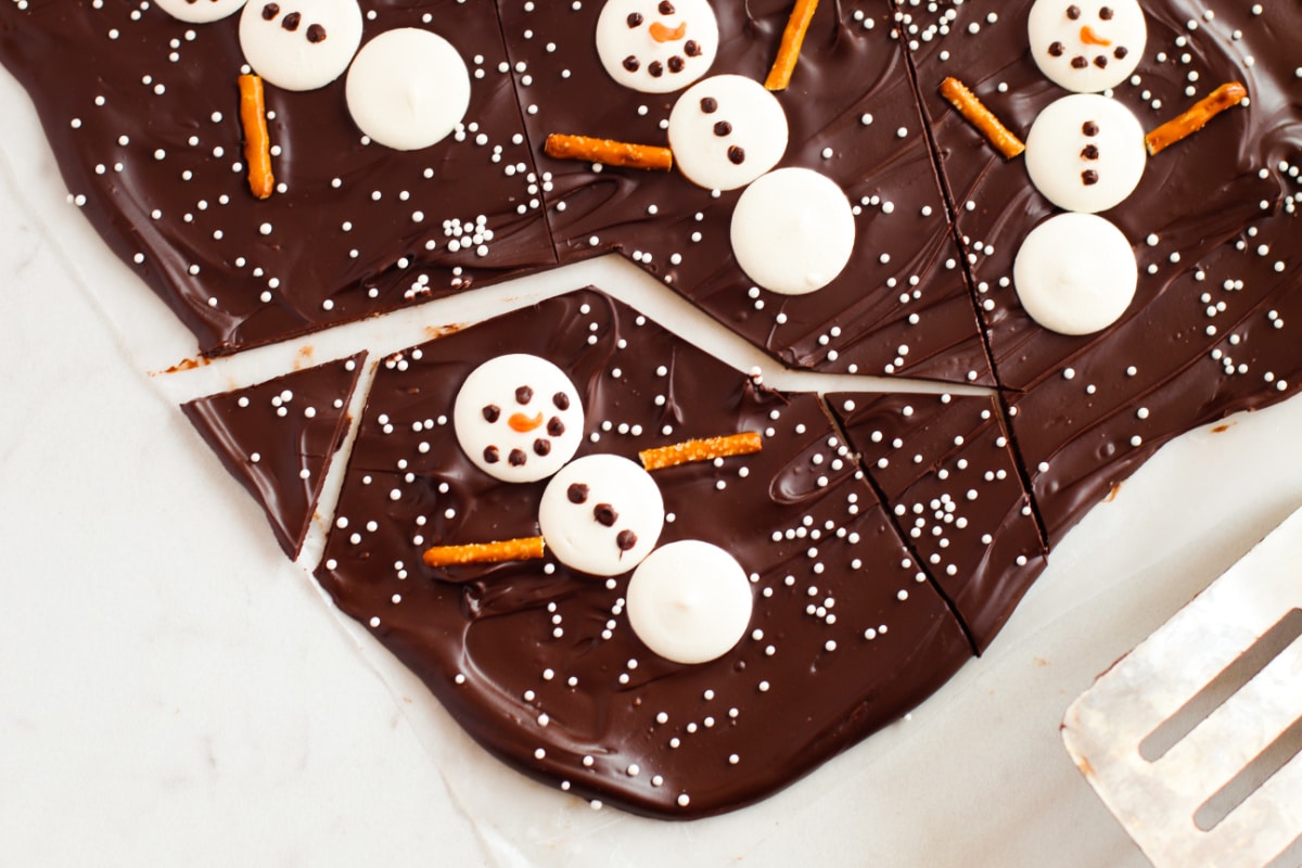 chocolate bark broken into pieces with snowmen on them