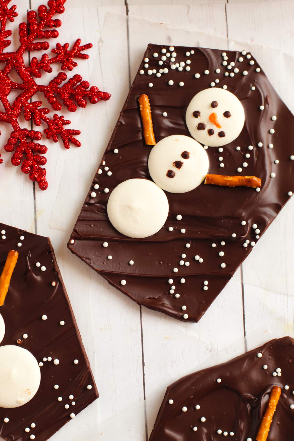 cute snowman made of white chocolate melts on dark chocolate