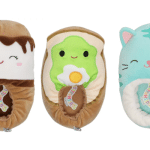 3 pairs of Squishmallows Slippers on a white background including a s'more, avocado and a blue kitten