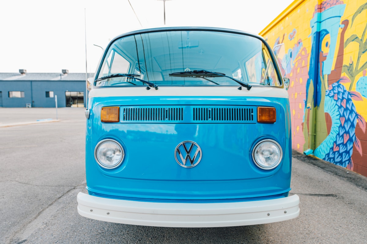 Front of a blue Volkswagon bus