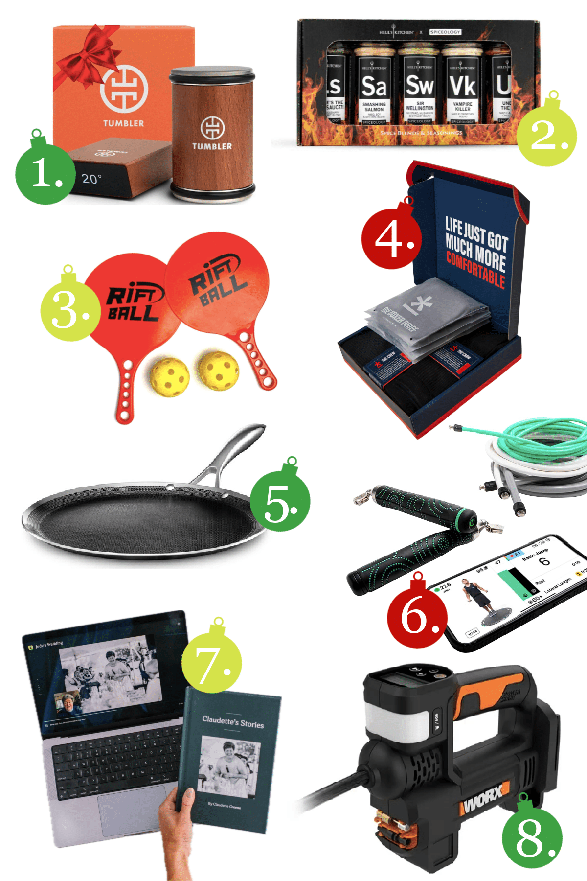 A collection of great gift ideas for him including Hells Kitchen Spiceology, Tumbler Knife, Rift Ball, Remento and more!